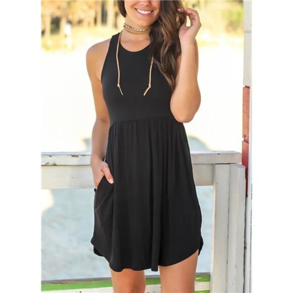 Women Petite Sexy Black Sleeveless Summer Casual Dress Sundress‎ for Beaches - Picture 2 of 5